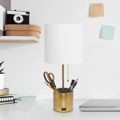 Hammered Metal Organizer Table Lamp with USB Charging Port and Fabric Shade - Simple Designs White 2 Hammered Metal Organizer Table Lamp with USB Charging Port and Fabric Shade - Simple Designs White - Image 2