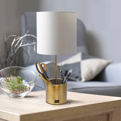 Hammered Metal Organizer Table Lamp with USB Charging Port and Fabric Shade - Simple Designs White 3 Hammered Metal Organizer Table Lamp with USB Charging Port and Fabric Shade - Simple Designs White - Image 3