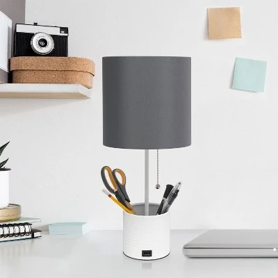 Hammered Metal Organizer Table Lamp with USB Charging Port and Fabric Shade White/Gray - Simple Designs 2 Hammered Metal Organizer Table Lamp with USB Charging Port and Fabric Shade White/Gray - Simple Designs - Image 2