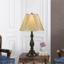 25.5" Kerry Aluminum Casted Table Lamp with Softback Fan Pleated Faux Silk Shade Dark Bronze - Cal Lighting