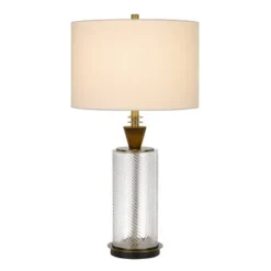 30.25" Sherwood Glass and Metal Table Lamp with Wood Font Hardback Fabric Drum Shade Dark Bronze - Cal Lighting