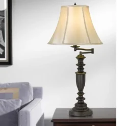 30' 3-way Mayo Aluminum Casted Swing Arm Table Lamp with Softback Faux Silk Shade Dark Bronze - Cal Lighting