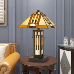 22.75" Tiffany Table Lamp Hand Cut Stained Glass Shade and Lamp Base (Includes LED Light Bulb) Dark Bronze - Cal Lighting