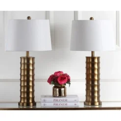 (Set of 2) 28.5" Linus Column Table Lamp Gold (Includes CFL Light Bulb) - Safavieh