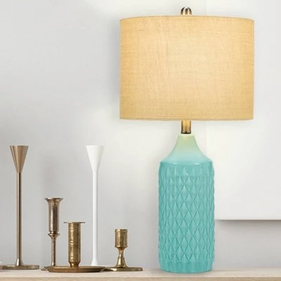 26.5" Quilted Ceramic Table Lamp with Natural Linen Drum Shade Aqua Blue - Cresswell Lighting 6 26.5" Quilted Ceramic Table Lamp with Natural Linen Drum Shade Aqua Blue - Cresswell Lighting - Image 6