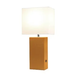 Modern Leather Table Lamp with USB and Fabric Shade Tan - Elegant Designs