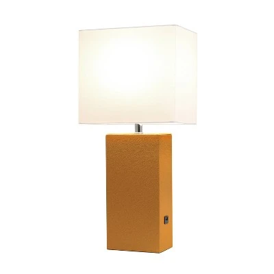 Modern Leather Table Lamp with USB and Fabric Shade Tan - Elegant Designs 1 Modern Leather Table Lamp with USB and Fabric Shade Tan - Elegant Designs