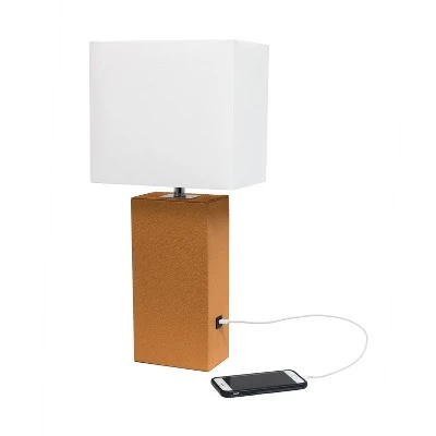 Modern Leather Table Lamp with USB and Fabric Shade Tan - Elegant Designs 3 Modern Leather Table Lamp with USB and Fabric Shade Tan - Elegant Designs - Image 3