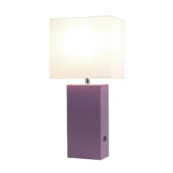 Modern Leather Table Lamp with USB and Fabric Shade Purple - Elegant Designs