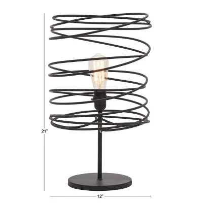 Olivia & May 12" x 21" Industrial Style Round Metal Accent Lamp with Coiled Wire Iron Shade Black - Olivia & May 2 Olivia & May 12" x 21" Industrial Style Round Metal Accent Lamp with Coiled Wire Iron Shade Black - Olivia & May - Image 2