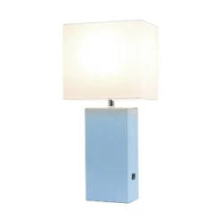 Modern Leather Table Lamp with USB and Fabric Shade Periwinkle - Elegant Designs