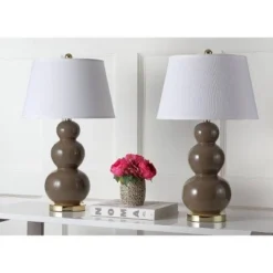 Set of 2 Pamela Triple Gourd Lamp (Includes LED Light Bulb) Taupe - Safavieh
