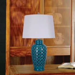 Fangio Lighting Ceramic Table Lamp with Lattice Design - Blue (26")