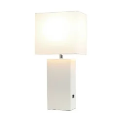 Leather Table Lamp with Fabric Shade White - Elegant Designs