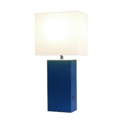 Modern Leather Table Lamp with USB and Fabric Shade Blue - Elegant Designs