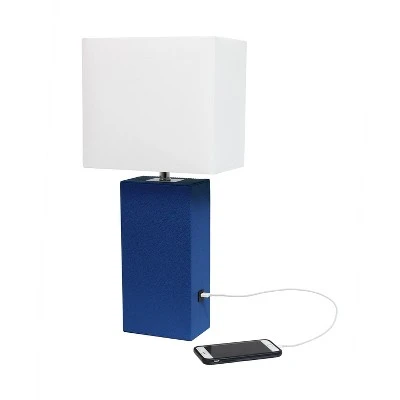 Modern Leather Table Lamp with USB and Fabric Shade Blue - Elegant Designs 3 Modern Leather Table Lamp with USB and Fabric Shade Blue - Elegant Designs - Image 3