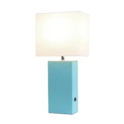 Modern Leather Table Lamp with USB and Fabric Shade Aqua - Elegant Designs