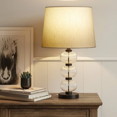 Large Assembled Glass Stacked Ribbed Table Lamp (Includes LED Light Bulb) Clear - Threshold™ 2 Large Assembled Glass Stacked Ribbed Table Lamp (Includes LED Light Bulb) Clear - Threshold™ - Image 2