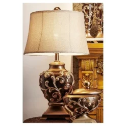 29.5" Metal Table Lamp with Antique Etching (Includes CFL Light Bulb) Brown - Ore International